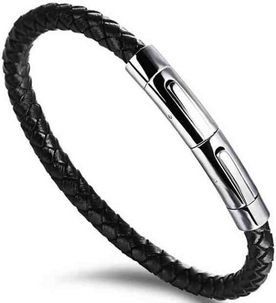 Troli Černý propletený náramek s ocelovou sponou Leather + 2 měsíce na vrácení zboží