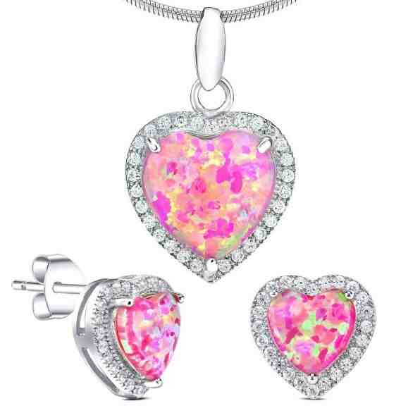 Silvego Stříbrný srdíčkový set s opály JJJS0103C2 (náušnice, přívěsek) + 2 měsíce na vrácení zboží