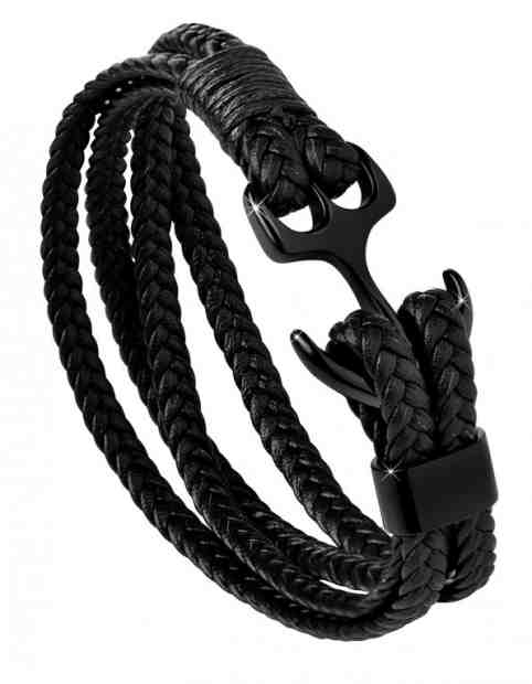 Troli Černý kožený náramek Kotva + 2 měsíce na vrácení zboží