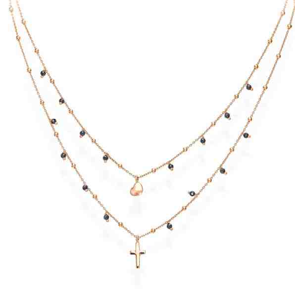 Amen Dvojitý růžově pozlacený náhrdelník se zirkony, srdcem a křížem Candy Charm CL2CUCRN + 2 měsíce na vrácení zboží