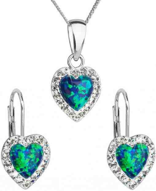 Evolution Group Srdíčková souprava šperků s krystaly Preciosa 39161.1 & green s.opal (náušnice, řetízek, přívěsek) + 2 měsíce na vrácení zboží