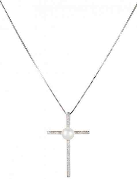 JwL Luxury Pearls Stříbrný náhrdelník Křížek s pravou perlou JL0455 (řetízek, přívěsek) + 2 měsíce na vrácení zboží